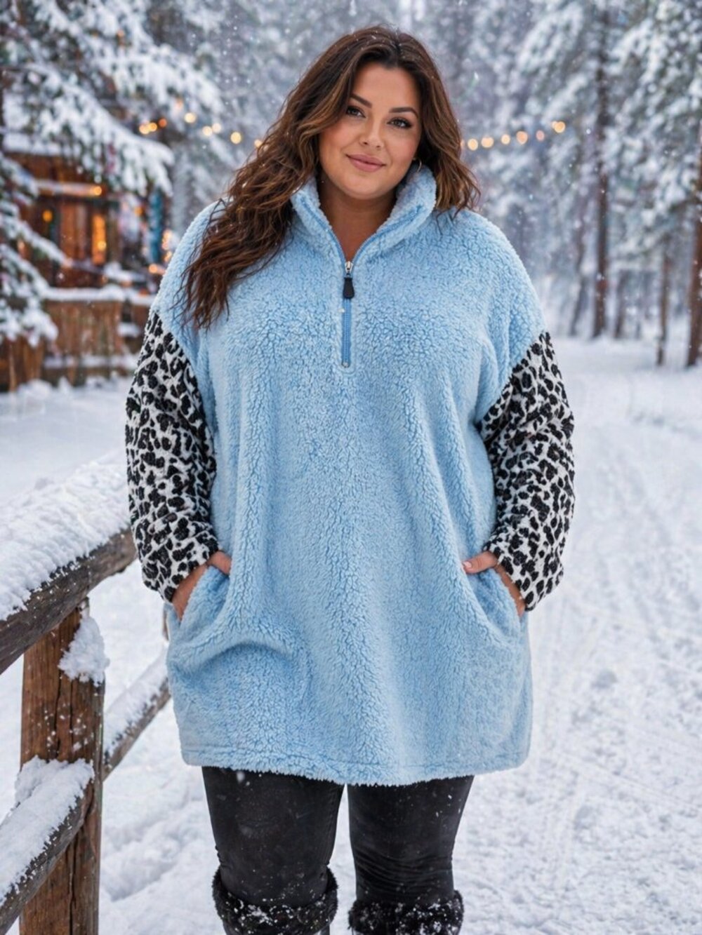 Lucky & Blessed Fuzzy Blue Silver Sparkle Leopard Print Front Zip Jacket